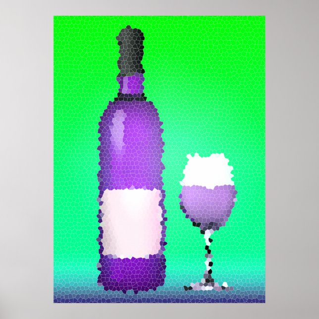 Póster vaso de vino y botella : vidrio manchado (Frente)
