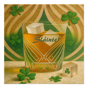 Póster Vaso de Whiskey Irlandés Shamrocks "Sláinte!"