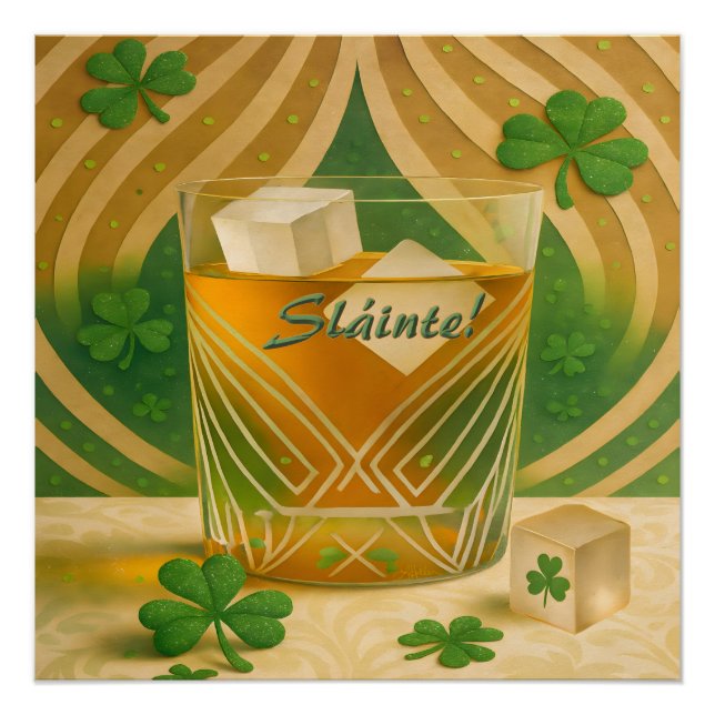 Póster Vaso de Whiskey Irlandés Shamrocks "Sláinte!" (Anverso)