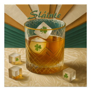 Póster Vaso de Whisky Irlandés Trébol de Hielo "Sláinte!"