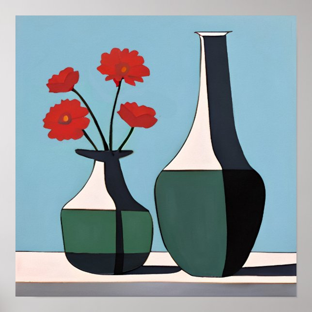 Póster Vasos blancos y negros con flores rojas (Frente)