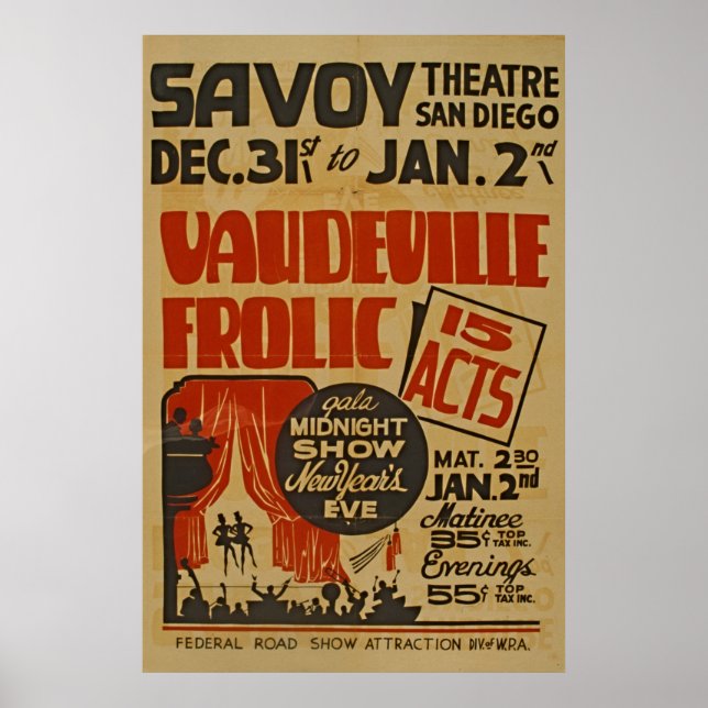 Póster Vaudeville Frolic 15 Acts Gala Midnight Show WPA (Frente)