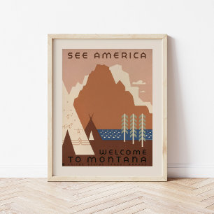 Póster Vea América Bienvenidos a Montana Viajes Antiguo