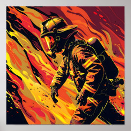 Póster Vector de bomberos con fondo de llama