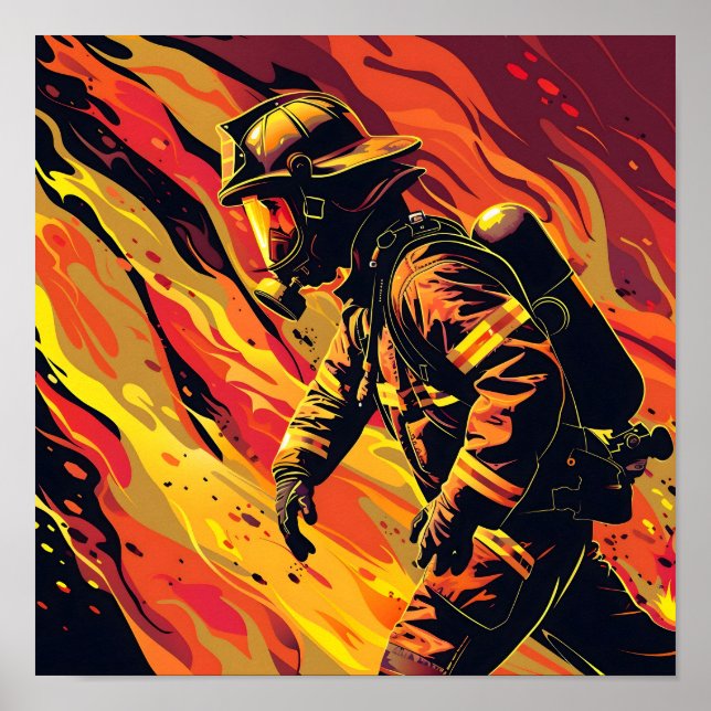 Póster Vector de bomberos con fondo de llama (Frente)