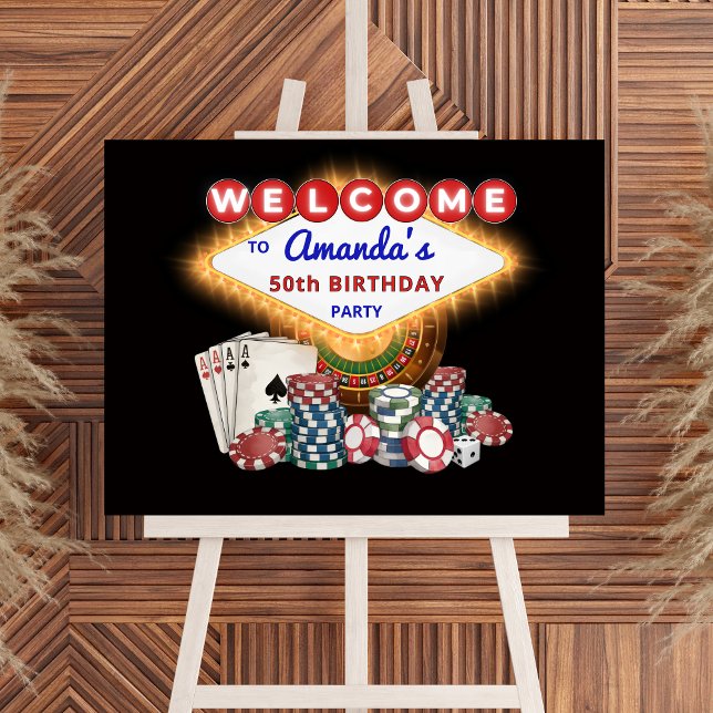 Póster Vegas Casino Night Black Birthday Party Welcome (Las Vegas Casino Theme Birthday Party Welcome Sign)