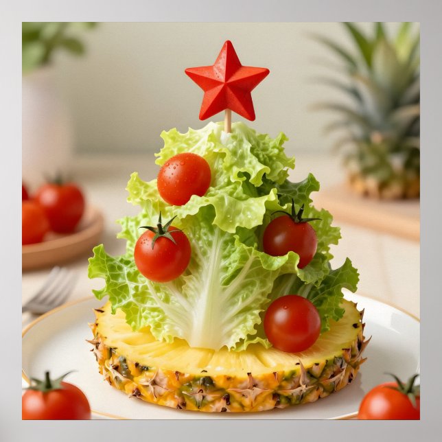Póster Vegetables Christmas Tree, Lettuce Leaves & Cherry (Frente)