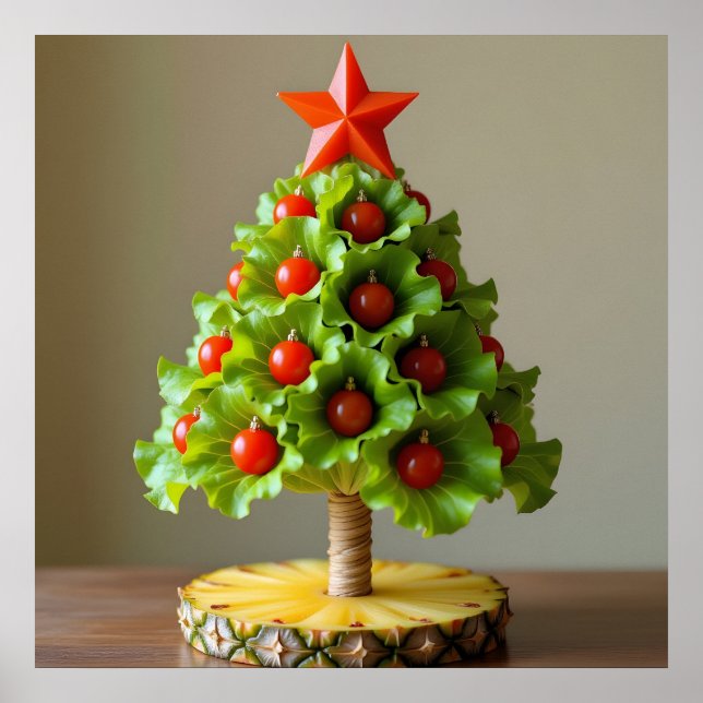 Póster Vegetables Christmas Tree, Lettuce Leaves & Cherry (Frente)