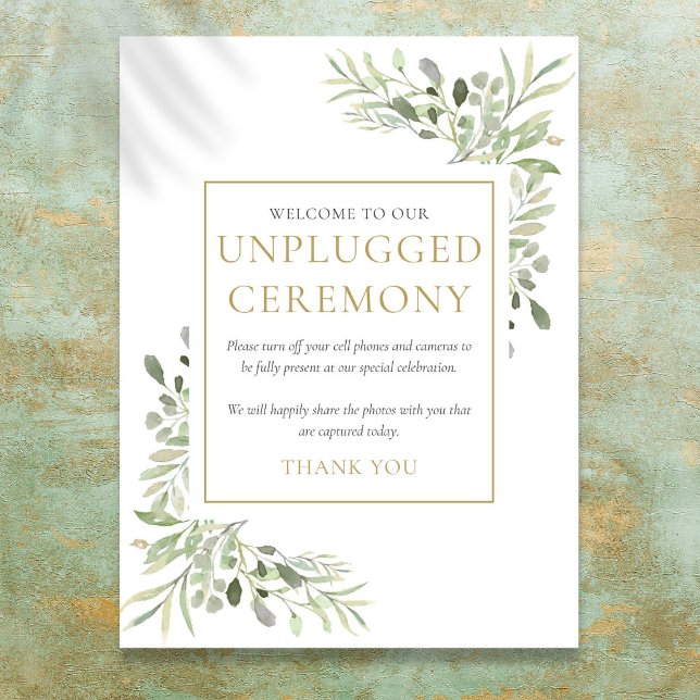 Póster Vegetación acuarela Rótulo de ceremonia desenchufa (Watercolor Greenery Unplugged Ceremony Sign)
