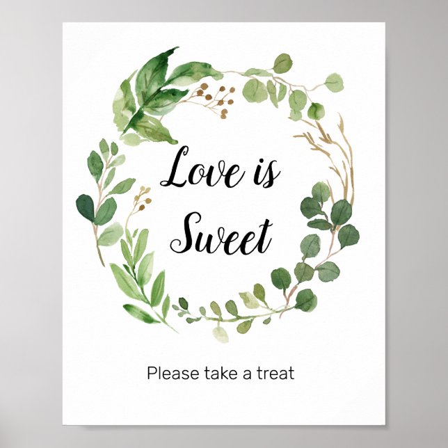 Póster Vegetación floral acuarela Amor es Rótulo dulce (Frente)
