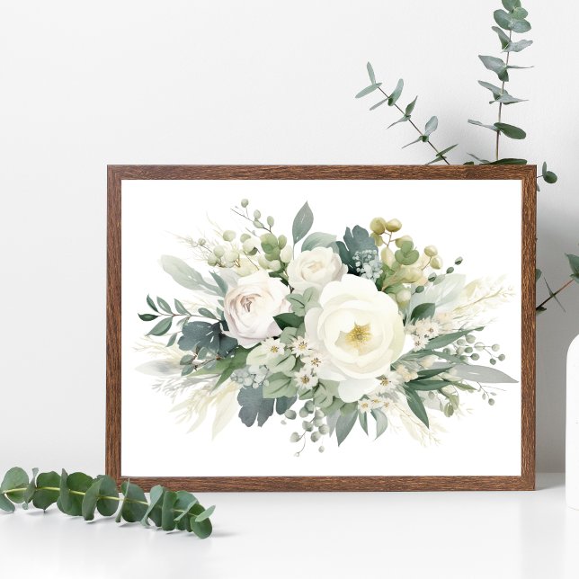 Póster Vegetación floral blanca acuarela Pared Poster de  (White Floral Flowers Greenery Watercolor Wall Art poster)