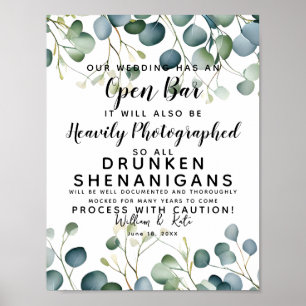 Póster vegetación follaje Bar abierto boda signo eucalipt