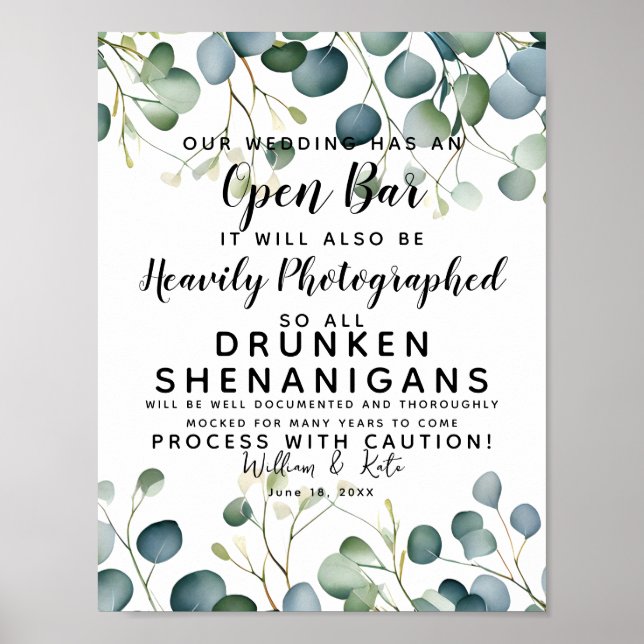 Póster vegetación follaje Bar abierto boda signo eucalipt (Frente)