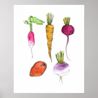 Vegetales Raíces Watercolor Ink Kitchen Art
