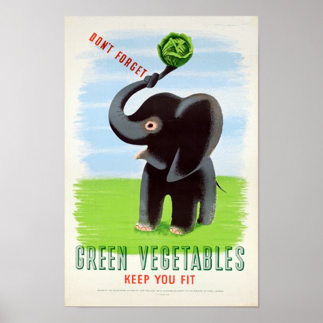 Póster Vegetales Verdes Vintage Elefante de Salud (Frente)