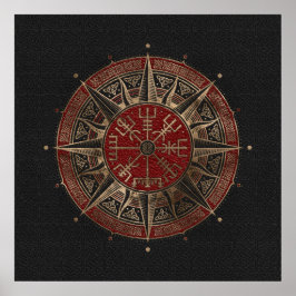 Póster Vegvisir - Brújula Viking - Cuero negro y rojo