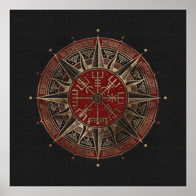 Póster Vegvisir - Brújula Viking - Cuero negro y rojo (Frente)
