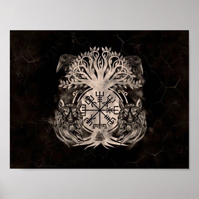 Póster Vegvisir - Yggdrasil con Ravens & Wolves (Frente)