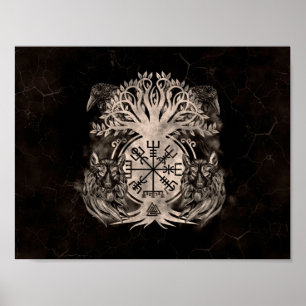 Póster Vegvisir - Yggdrasil con Ravens y Wolves