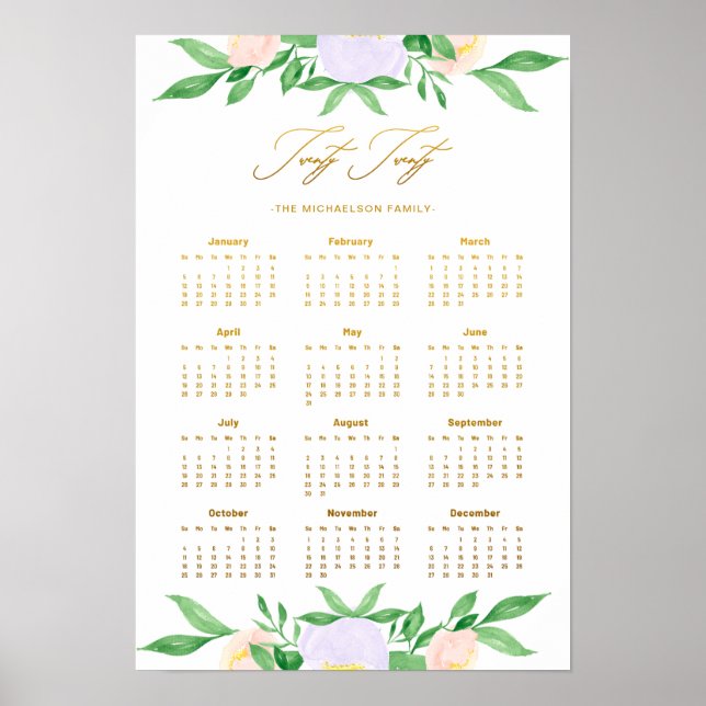 Póster Veinte veintidós calendario de oro de florales y n (Frente)