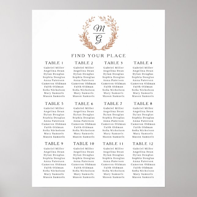 Póster Vela de follaje dorado con monograma. Boda (Frente)