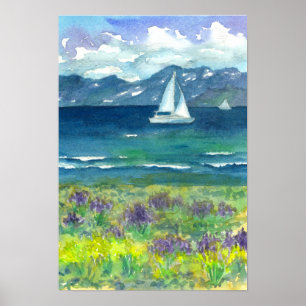 Póster Vela Montaña Lago Púrpura Acuarela Lupines