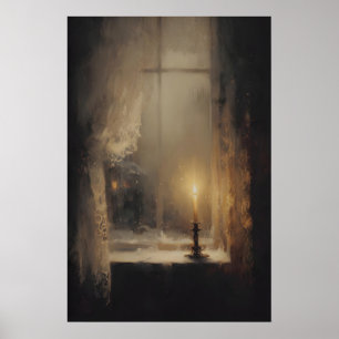 Póster Vela Única En Ventana Al Anochecer, Dark Academia