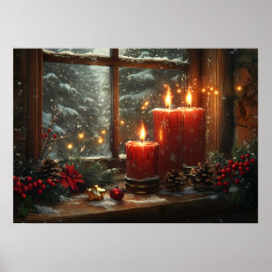 Póster Velas Rojas de Navidad Ventana Invernal