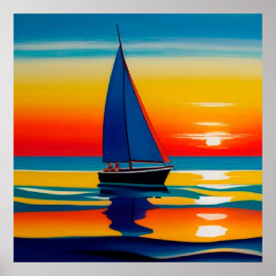 Póster ⛵ Velero Atardecer Aguas Tranquilas Para Decoració
