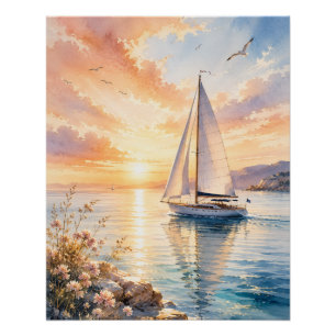 Póster Velero de lujo al amanecer Acuarela
