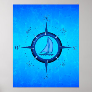Póster Velero del azul de océano y rosa de compás