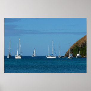 Póster Velero en la Bahía Náutica Blanca y Azul