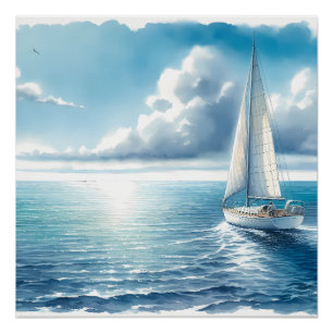 Póster Velero Solitario Horizonte Azul