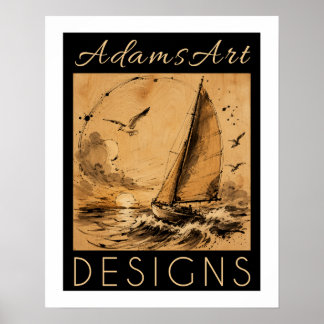 Póster Velero Vintage al Atardecer Tinta Lavada Textura d