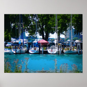 Póster Veleros amarrados por aguas azules