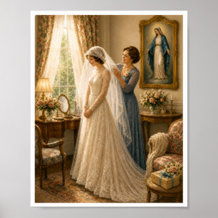 Póster Velo de novia católica vintage boda marian