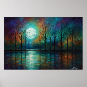 Póster Velo Lunar - Árboles Silueteados en Crepúsculo Tea