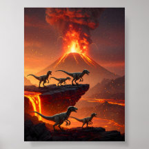 Velociraptor con un volcán en erupción