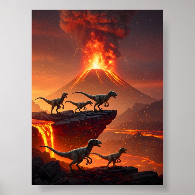 Póster Velociraptor con un volcán en erupción (Frente)