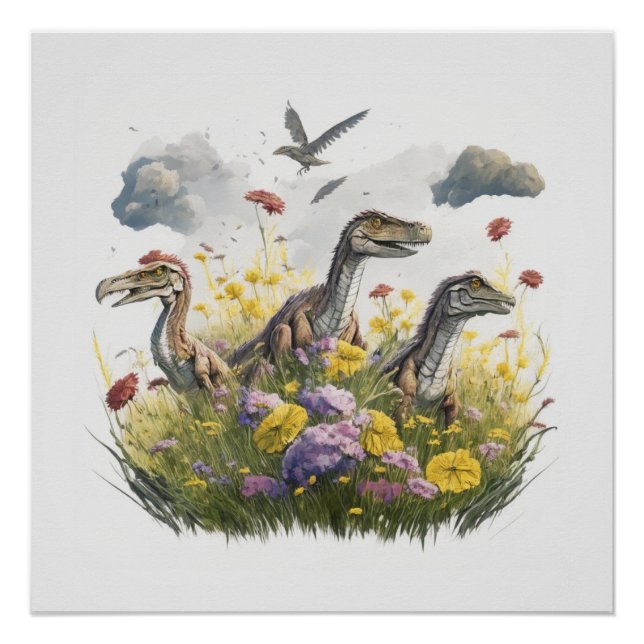 Póster Velociraptores en una pradera (Anverso)
