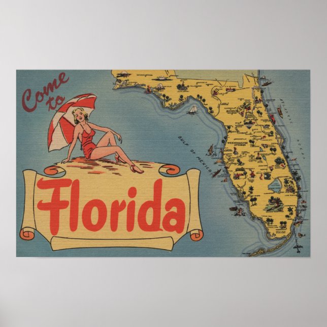 Póster Ven al mapa del estado de Florida, Chica de Pin-Up (Frente)