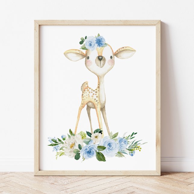 Póster Venado bebé, animales de bosque, boho, flores azul (Subido por el creador)