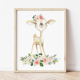 Póster Venado bebé, animales de Woodland, Boho, flores ro