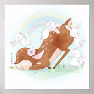 Póster Venado bebé con conejitos de bebé