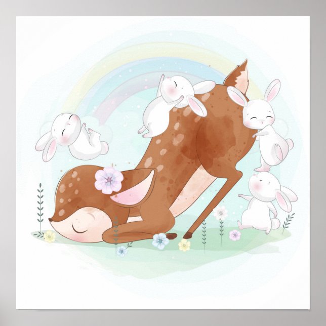 Póster Venado bebé con conejitos de bebé (Frente)