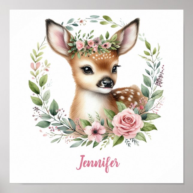 Póster Venado bebé rosa con guiso floral (Frente)