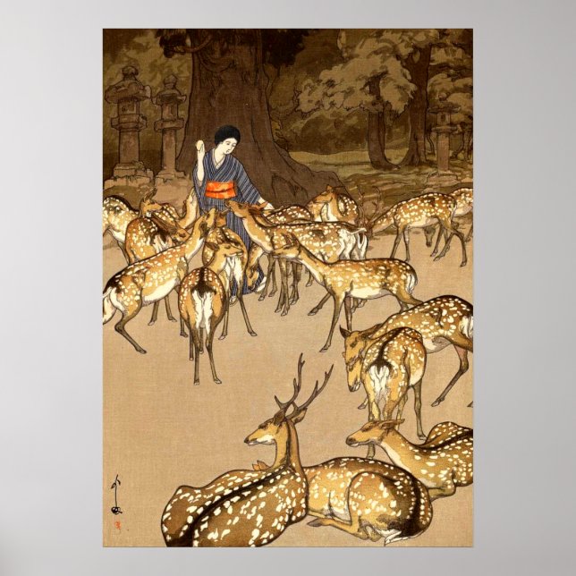 Póster Venado en el santuario Kasuga Yoshida Hiroshi 1928 (Frente)