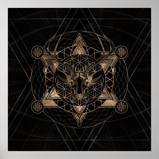Póster Venado en geometría sagrada - Negro y oro (Frente)