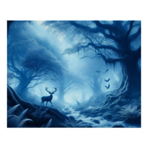 Póster Venado en un bosque oscuro de niebla azul