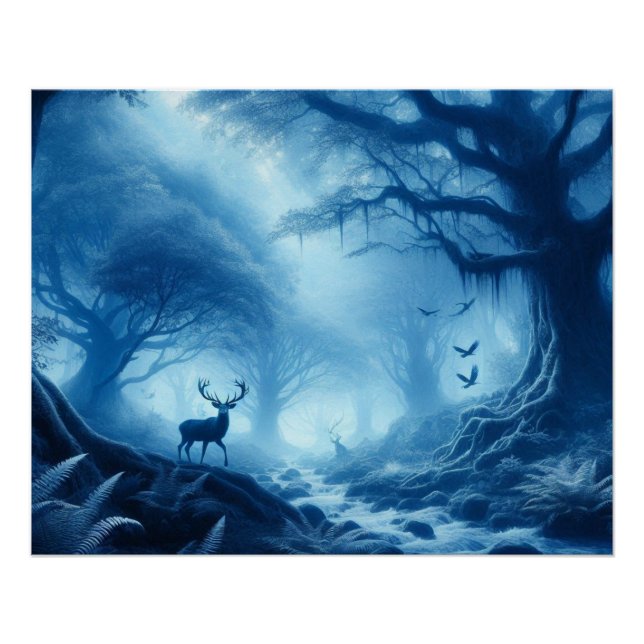 Póster Venado en un bosque oscuro de niebla azul (Anverso)